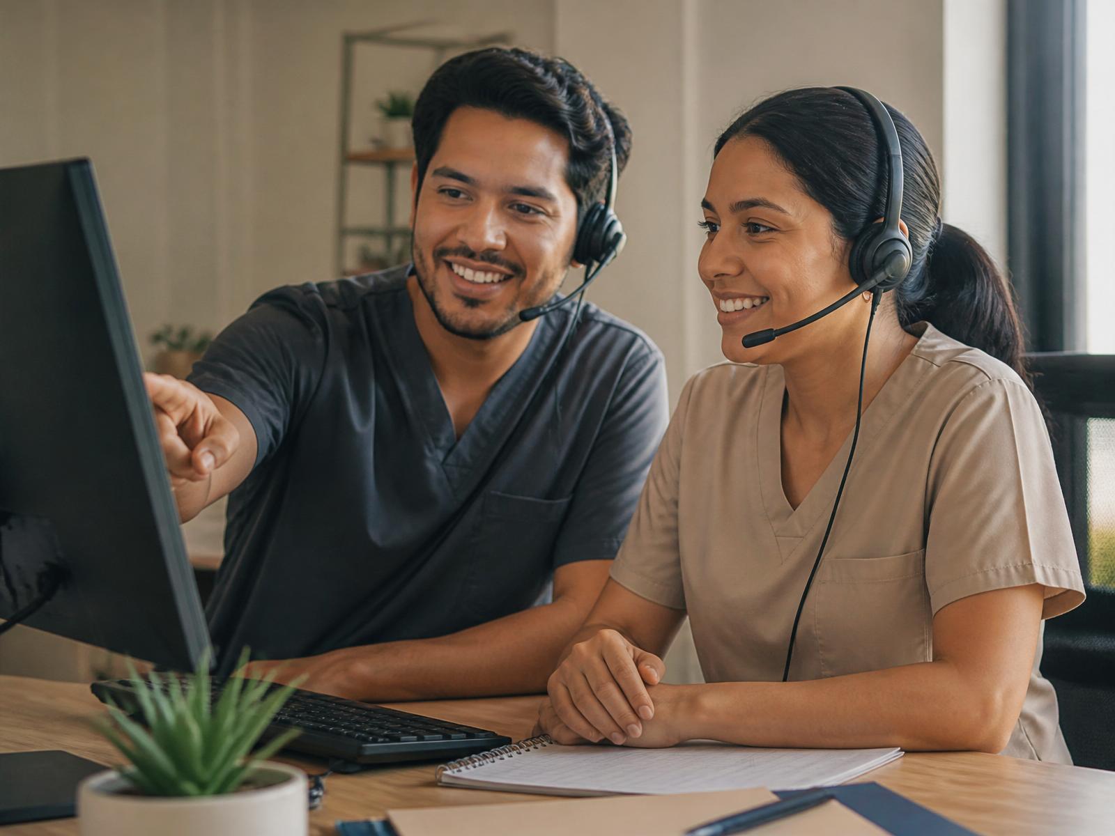 Two HealthDesk agents reviewing a patient's account together